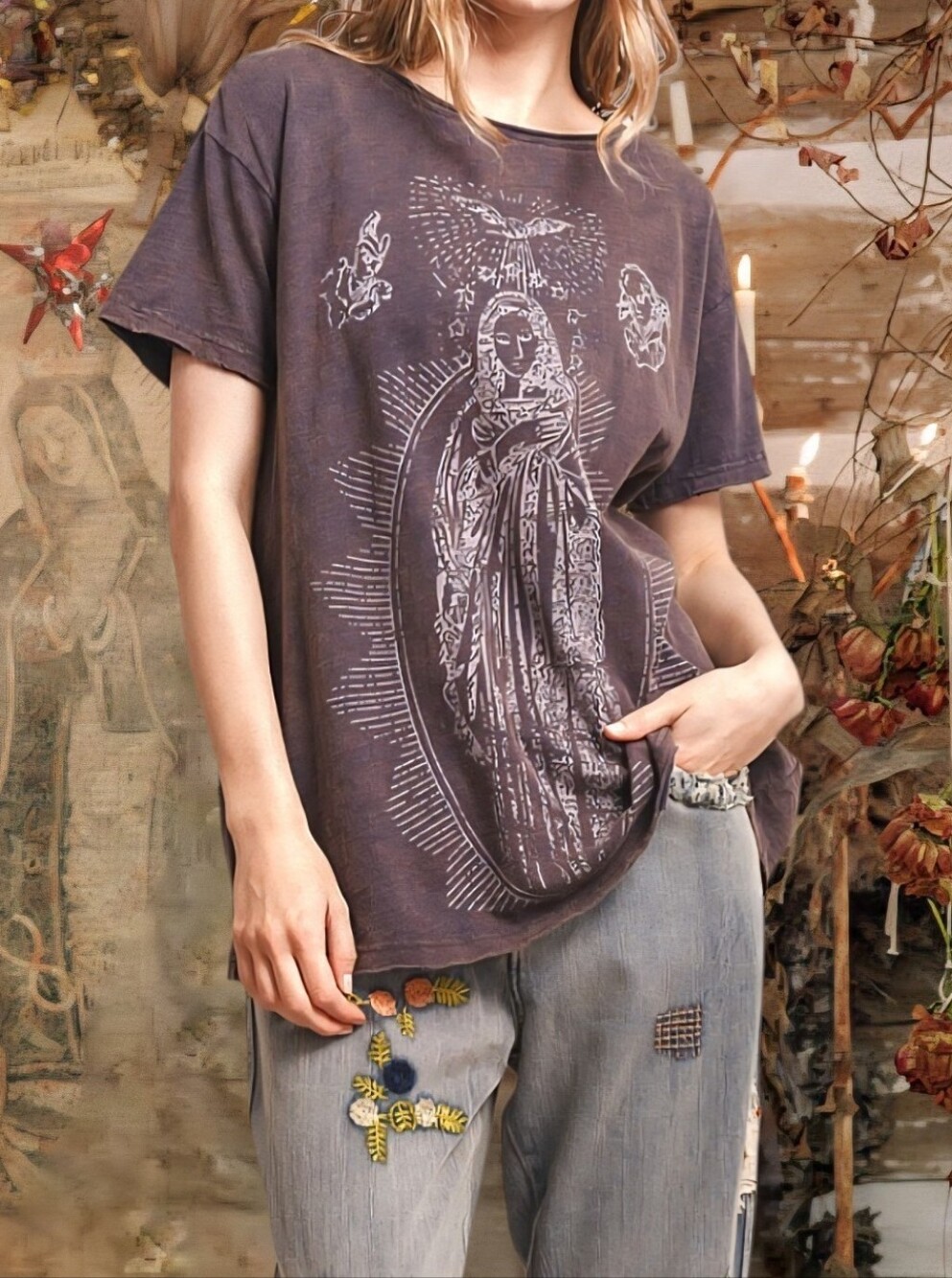Magnolia Style distressed Graphic Boho Virgin Tee Shirt Tunic Top Blouse S NEW.